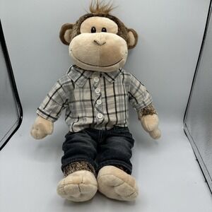 Build-A-Bear Plush Monkey Stuffed Animal Plaid Button Shirt & Jeans‎ Brown Tail
